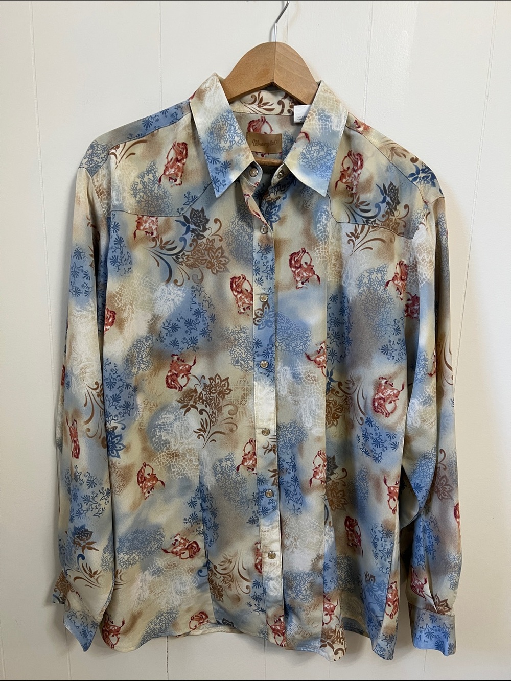Vintage Wrangler Pearl Snap Button Down Western Shirt Horse Floral Blue Tan XL